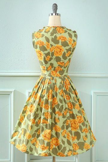 Vestido de impressão floral verde claro dos anos 50